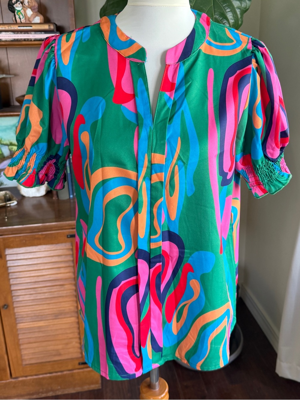 SHEIN Green Multi Modern Abstract Puff Sleeve Blouse L NWOT